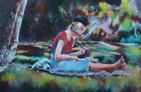 &Eacute;criture de son journal dans le parc - 73x53
