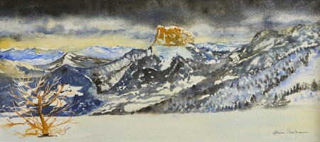 Mont Aiguille, ciel d'orage - 40x20 - encre et aquarelle
